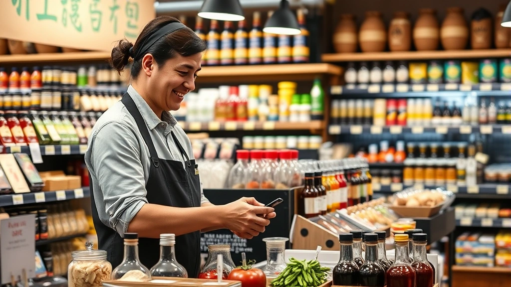 Market employee assisting customer with specialty Asian ingredients, friendly interaction, organized shelving with diverse products, professional but welcoming atmosphere