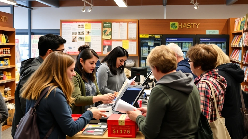 Busy checkout counter with customers making purchases, diverse payment methods visible, friendly staff interaction, well-organized point of sale, community bulletin board in background