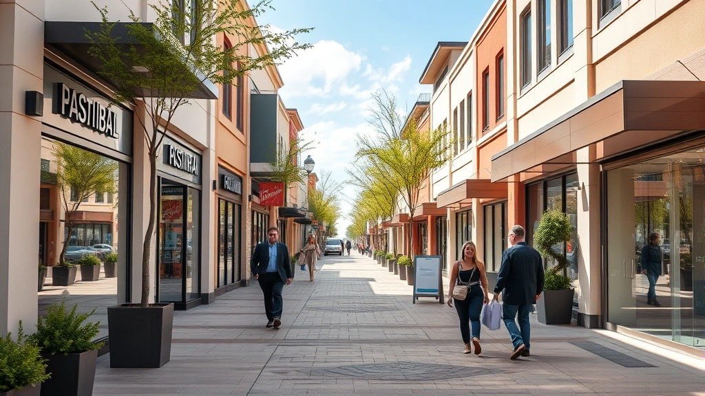 Upscale suburban shopping district with modern storefronts, clean sidewalks, and well-dressed shoppers walking between retail establishments on a bright afternoon, professional photography style