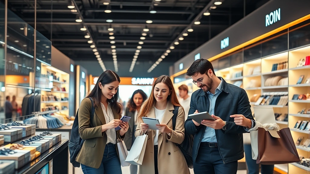 Diverse group of professionals and families browsing products in modern retail environment, examining merchandise displays, interacting with digital screens, shopping bags visible, warm professional lighting