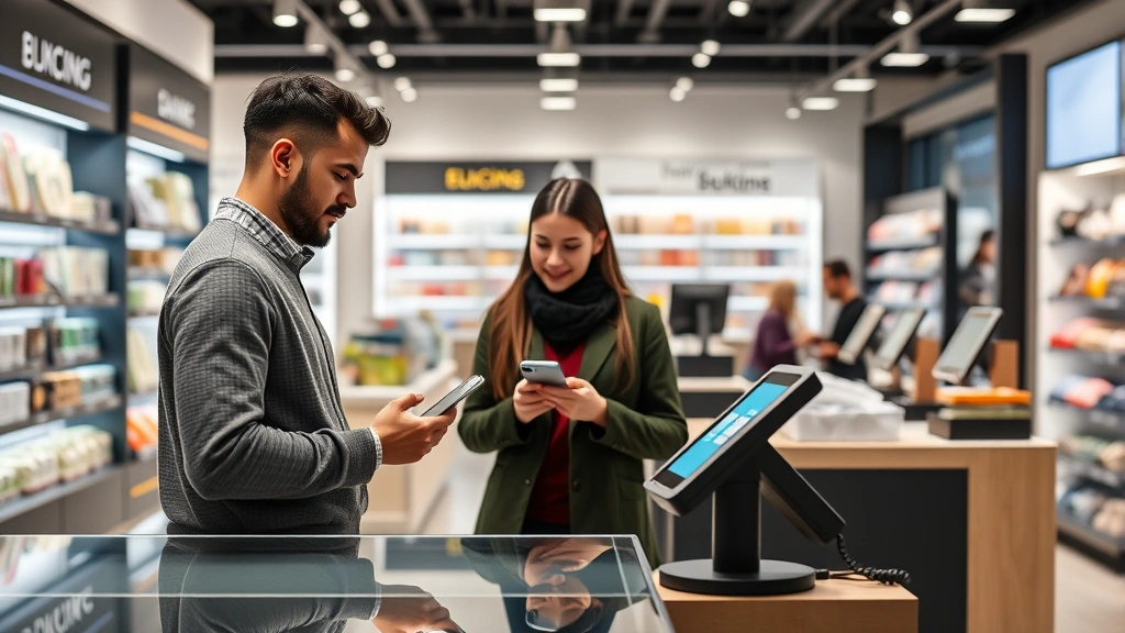 Modern omnichannel retail experience showing customer using mobile phone at store counter, digital payment terminal, organized product displays, professional checkout area with contemporary design elements