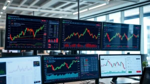 Professional business analytics dashboard showing real-time market data, price charts, and trading metrics with multiple monitors in a modern office environment
