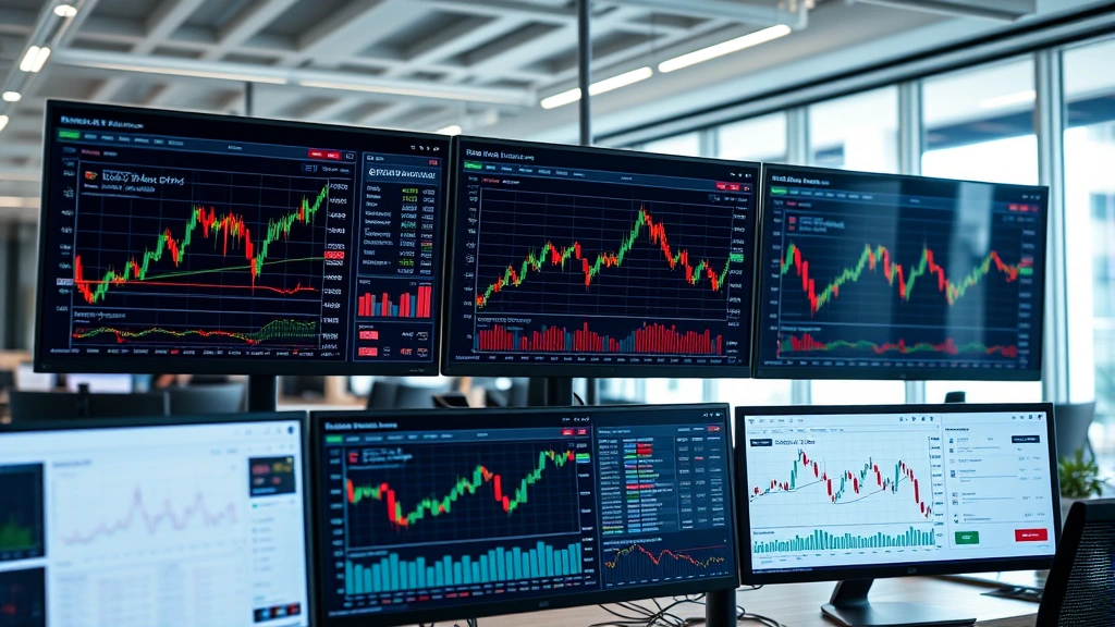 Professional business analytics dashboard showing real-time market data, price charts, and trading metrics with multiple monitors in a modern office environment