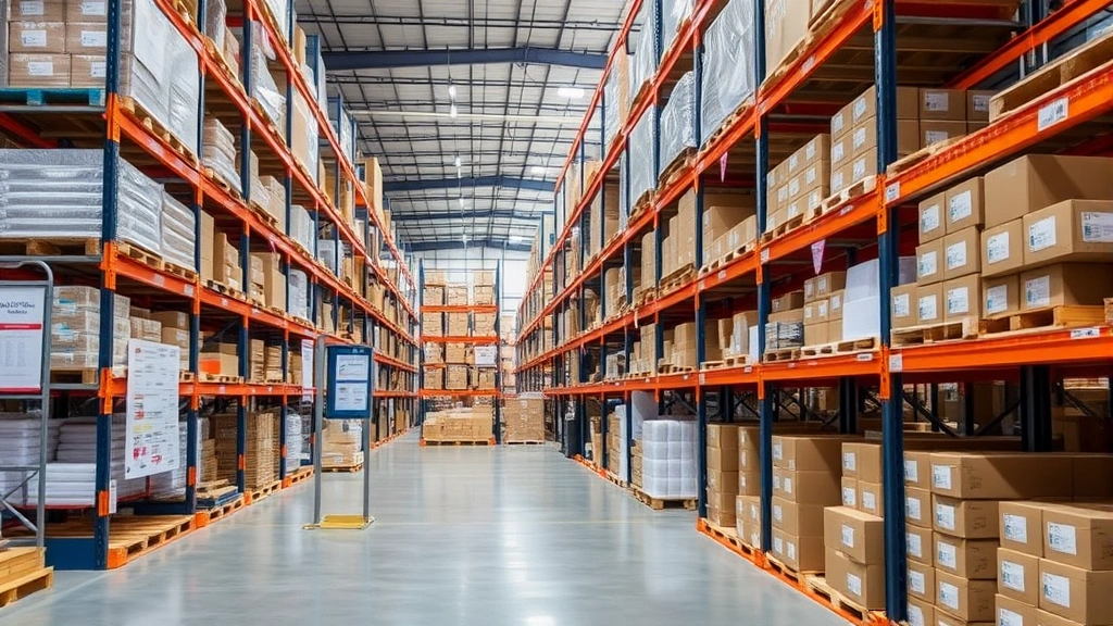 Organized warehouse inventory system with shelves of neatly categorized products, inventory tracking displays, and organized stock management