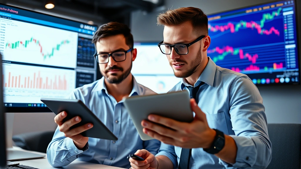 Successful merchant or trader reviewing data on tablet and computer simultaneously, analyzing market trends and making strategic business decisions in professional setting