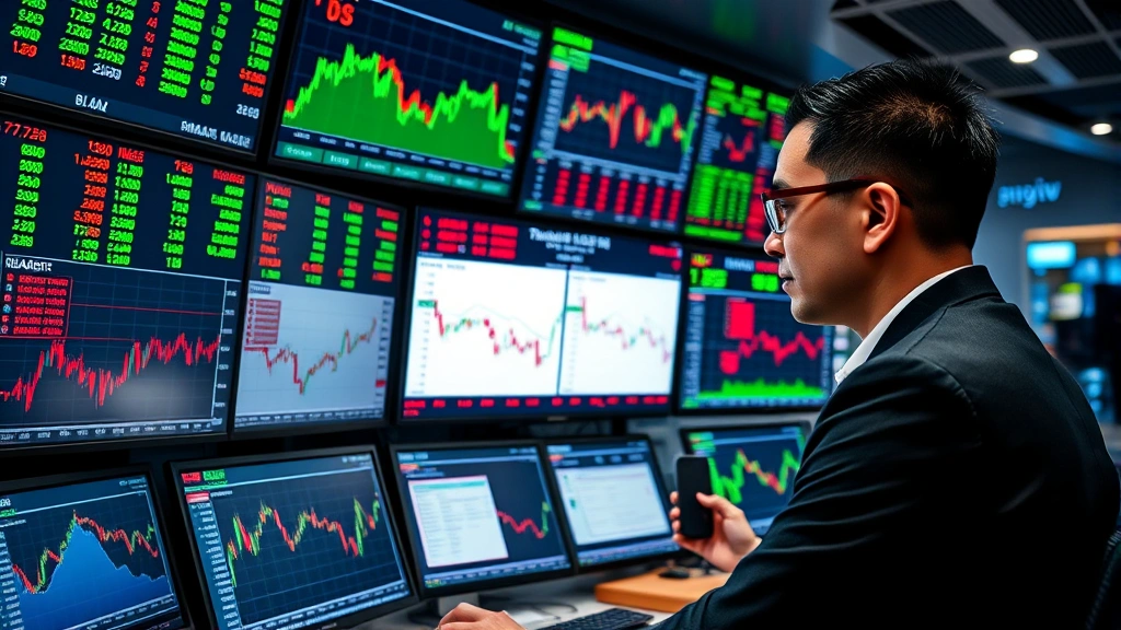 Professional trader monitoring multiple digital screens displaying real-time Asian stock market charts, indices, and trading data with green and red price movements, modern trading floor environment with financial data visualization
