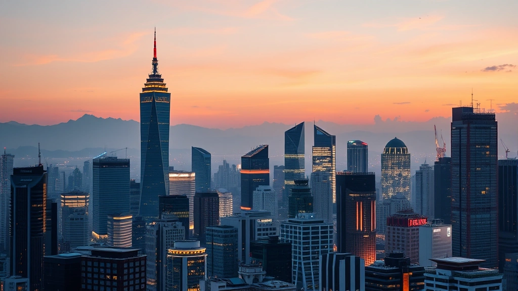 Asian business district skyline at dawn with illuminated financial buildings, representing Tokyo, Shanghai, and Hong Kong financial centers, modern architecture reflecting in glass surfaces, symbolizing global market connectivity