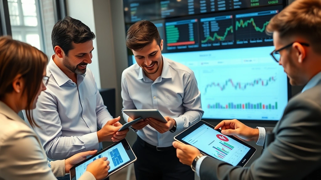 Diverse group of international investors reviewing investment portfolios and market analysis on tablets and laptops, collaborative workspace with financial charts visible, representing retail and institutional investor engagement with fintech platforms