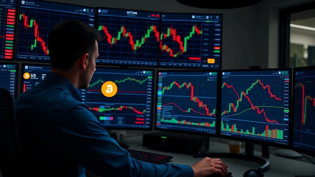 Professional cryptocurrency trader monitoring multiple digital displays showing real-time Bitcoin and Ethereum price charts with candlestick patterns and market data visualizations in a modern trading room environment
