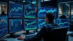 Professional trader analyzing cryptocurrency market data on multiple computer monitors displaying live price charts and market capitalization graphs in modern fintech office environment with blue and green data visualizations