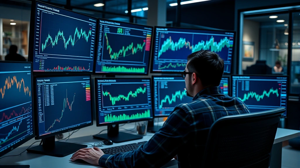 Professional trader analyzing cryptocurrency market data on multiple computer monitors displaying live price charts and market capitalization graphs in modern fintech office environment with blue and green data visualizations