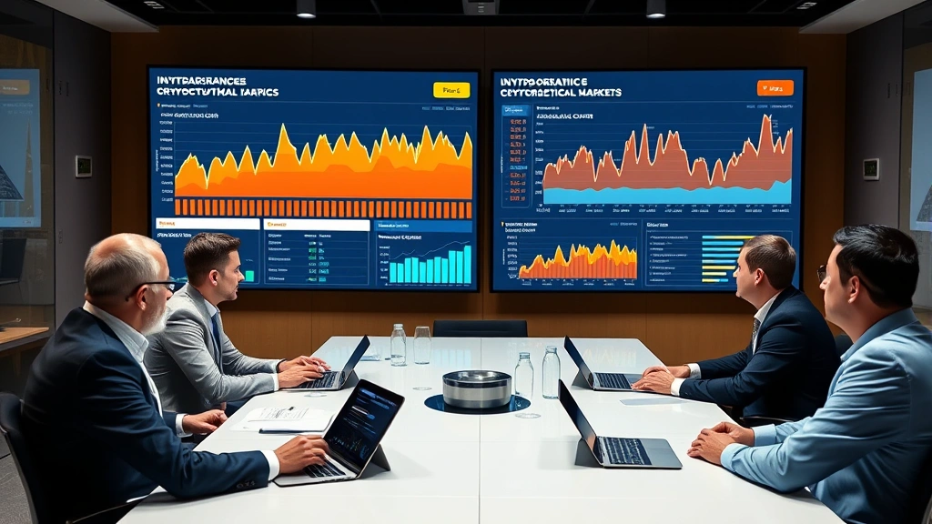 Institutional investors in a conference room reviewing cryptocurrency portfolio performance dashboards on large display screens showing market cap rankings and trend analysis with sophisticated analytics tools