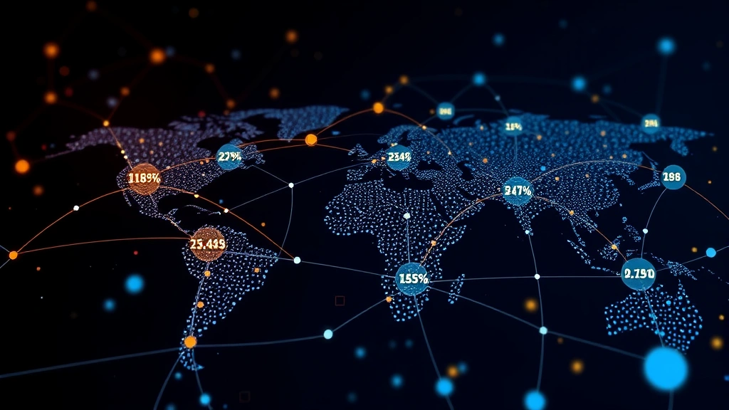 Digital illustration of blockchain network nodes and connected data points representing cryptocurrency market cap distribution across Bitcoin, Ethereum, and altcoins with flowing data streams and market indicators