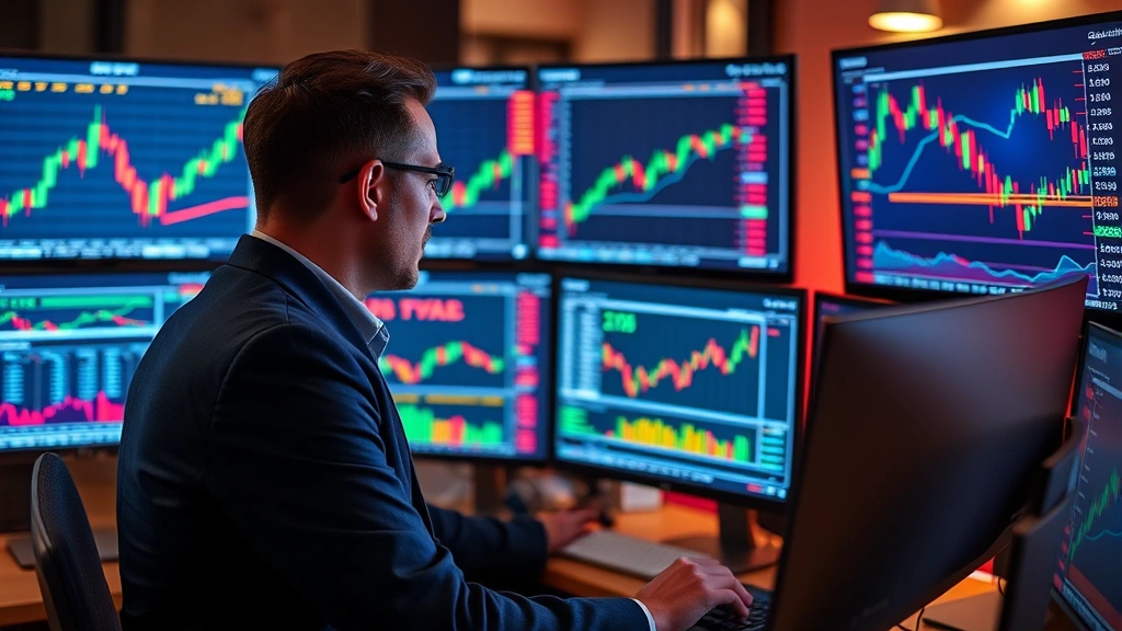 Professional trader analyzing multiple monitor displays showing colorful financial charts and ETF performance data with glowing candlestick patterns, modern office setting with warm lighting