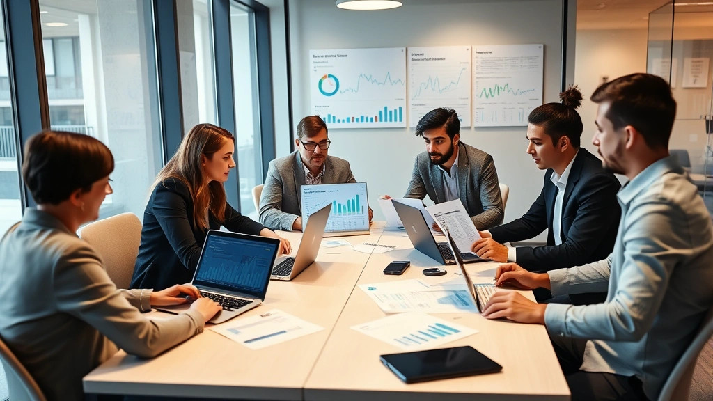 Diverse investment team collaborating around conference table with laptops and financial documents, examining market data visualizations and investment portfolios in contemporary business environment