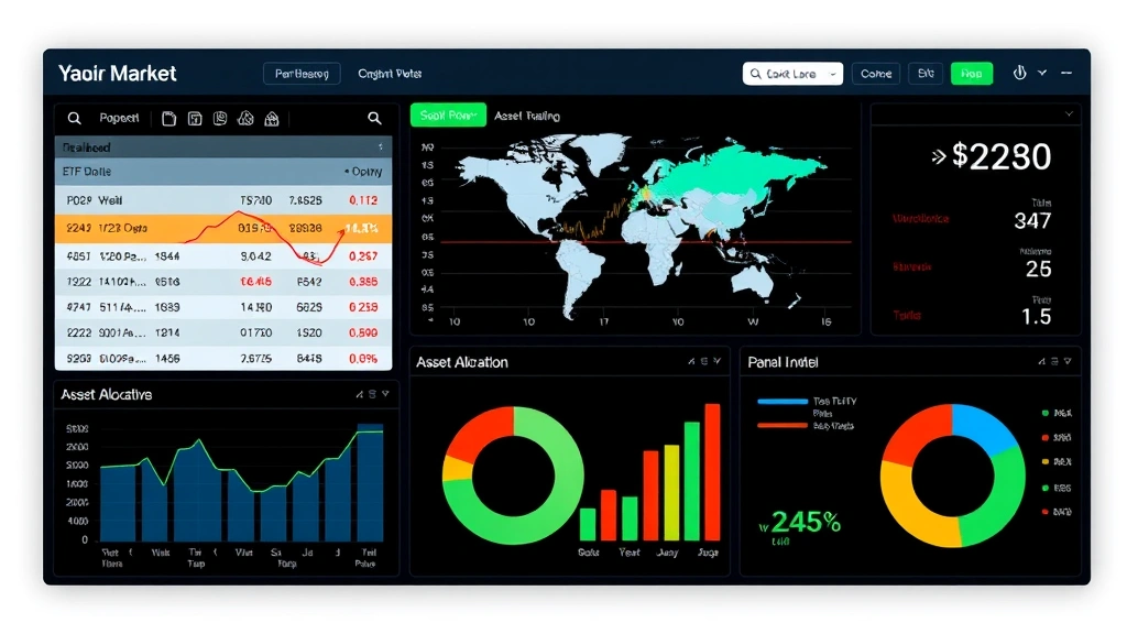 Digital financial dashboard interface displaying real-time ETF market data, global trading volumes, and asset allocation pie charts with flowing data streams and professional analytics visualization