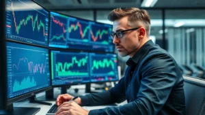 Professional trader analyzing multiple financial charts and market data on computer screens in modern financial office, focused expression, notebook and pen visible on desk, blue and green data visualizations