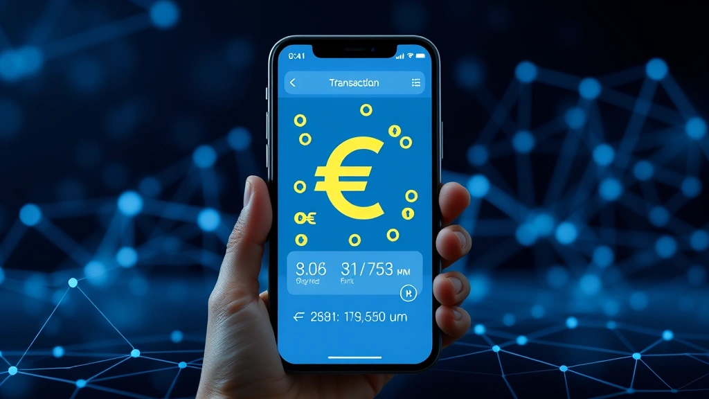 Digital financial transaction occurring on smartphone screen with euro currency symbols, blockchain network visualization in background, modern payment technology interface, clean minimalist design