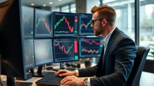 Professional trader analyzing multiple forex charts on computer screens with USD, EUR, GBP currency pairs displayed, modern office environment with financial data visualizations