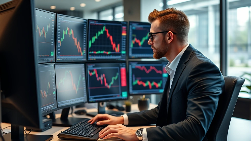 Professional trader analyzing multiple forex charts on computer screens with USD, EUR, GBP currency pairs displayed, modern office environment with financial data visualizations