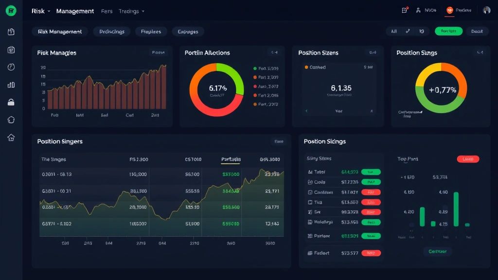 Risk management dashboard with portfolio allocation charts, position sizing calculators, and stop-loss indicators displayed on fintech trading platform interface