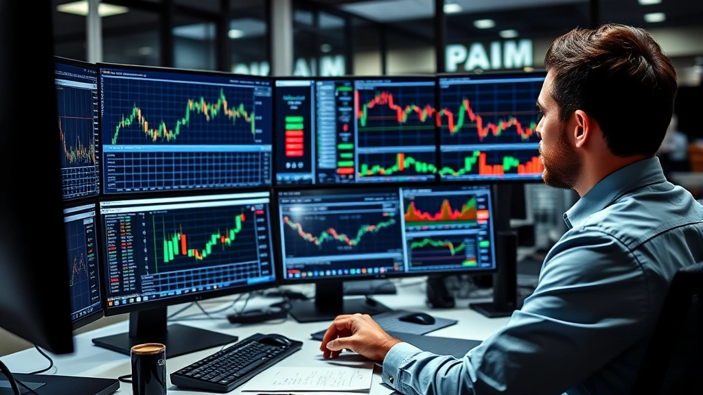 Professional investor analyzing stock charts and financial data on multiple computer monitors in modern office setting with graphs showing market trends