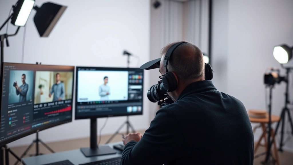 Professional videographer reviewing footage on computer monitor in modern studio, multiple screens displaying color-graded video content, professional lighting setup visible in background, ecommerce product visible on one screen