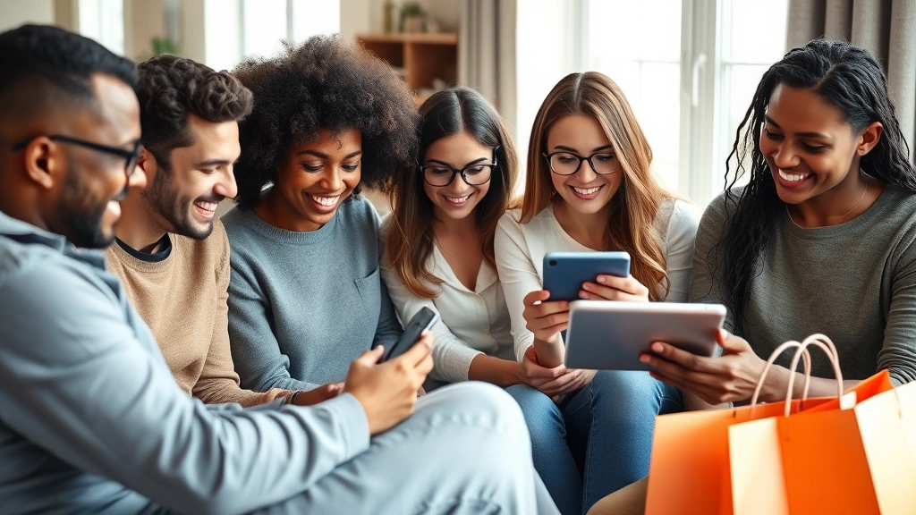 Diverse group of customers watching product demonstration video on mobile phone and tablet devices, sitting in casual home environment, engaged expressions, natural lighting through windows, shopping bags nearby