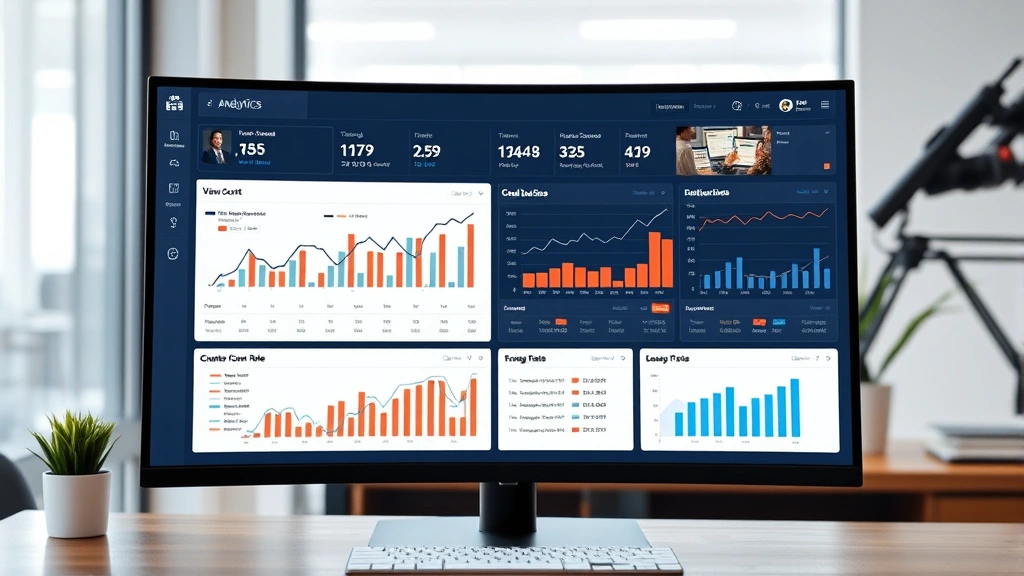 Data analytics dashboard on desktop monitor showing video performance metrics, view count graphs, conversion rate charts, engagement statistics in business analytics interface, professional office setting