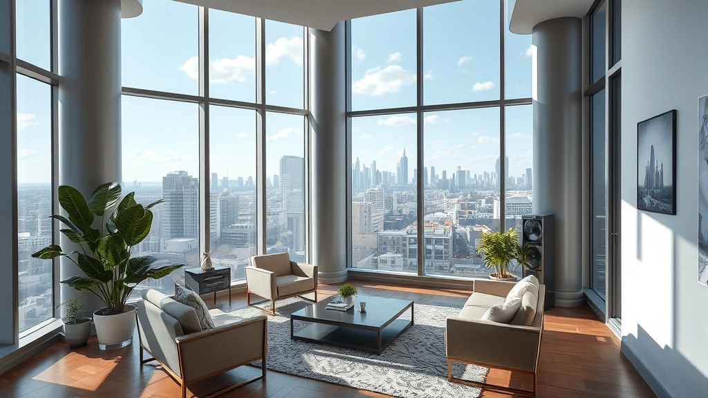 Urban apartment building interior common area with modern furnishings and large windows overlooking city skyline during daytime