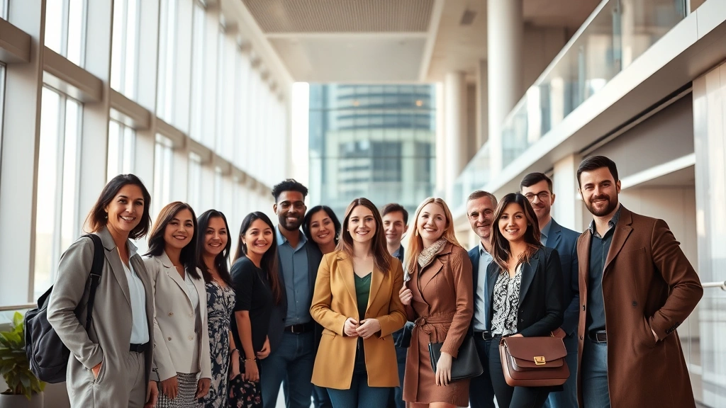 Diverse group of urban professionals standing together in modern high-rise building lobby with contemporary architecture and bright natural lighting