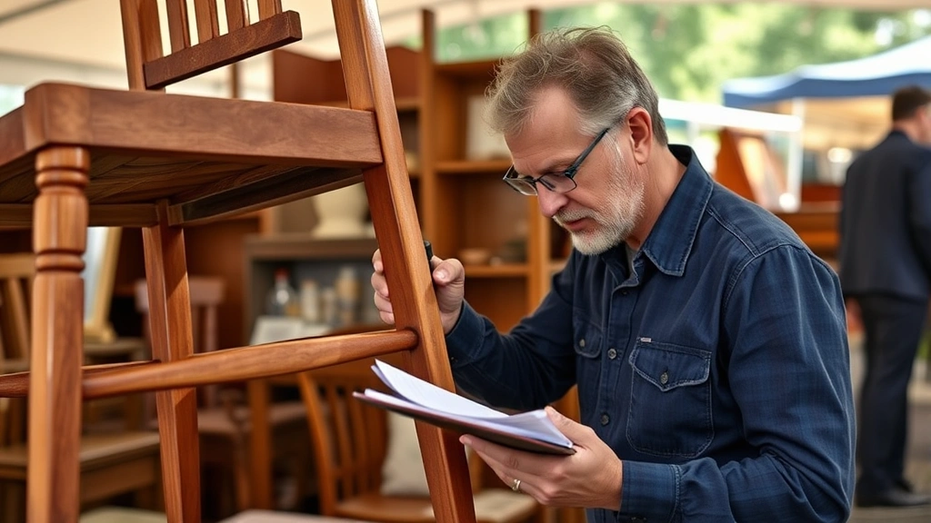 Experienced furniture expert carefully inspecting wooden chair joints and structural integrity at outdoor flea market venue, using flashlight and taking detailed notes, professional casual attire, natural daylight