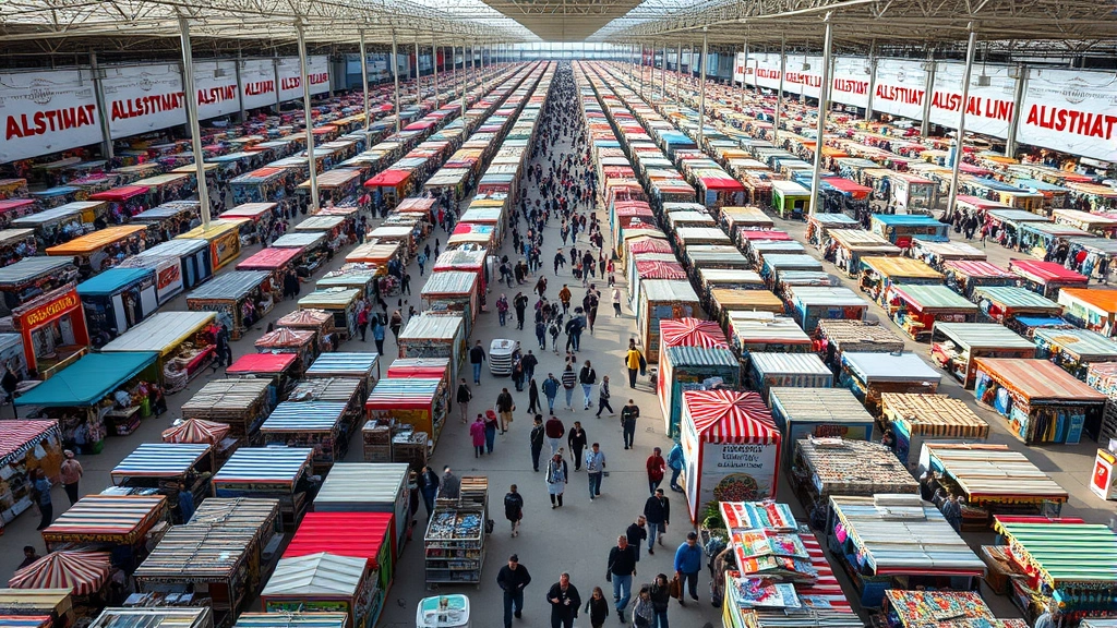 Aerial wide-angle view of massive flea market venue with hundreds of vendor booths arranged in organized rows, diverse shoppers browsing between stalls, bright natural lighting, busy weekend atmosphere with clear vendor signage and customer activity