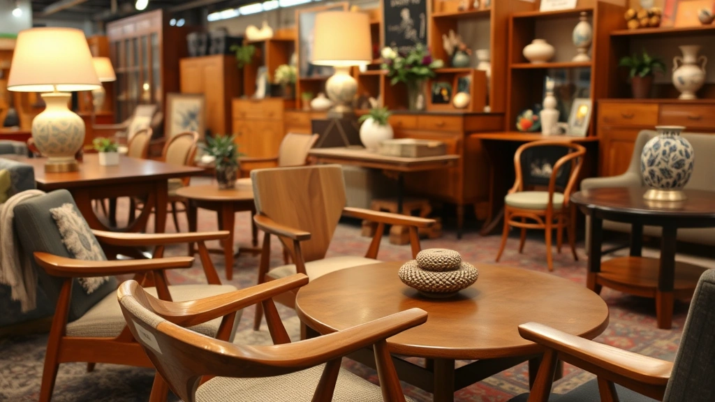 Close-up detail shot of vintage furniture display including mid-century chairs, wooden tables, and decorative pieces arranged professionally on market booth, showing quality craftsmanship and condition, warm lighting highlighting wood grain and upholstery textures