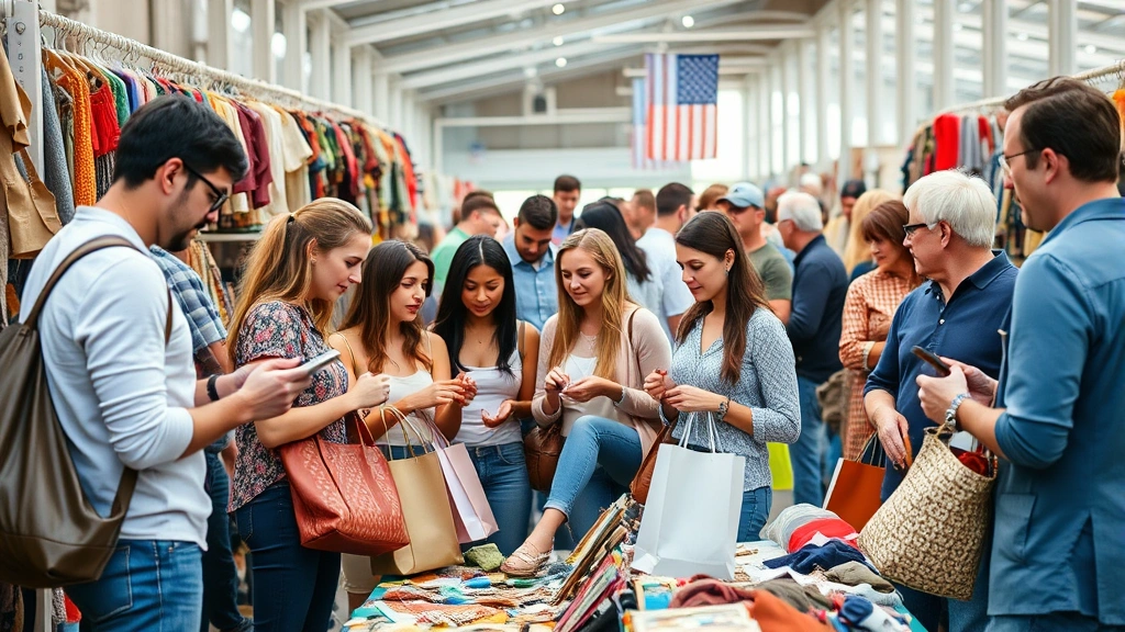 Diverse group of shoppers examining merchandise at flea market booth, including young professionals, families, and collectors inspecting items, negotiating with vendors, carrying shopping bags, showing active commerce and customer engagement in casual marketplace setting