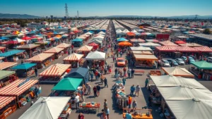 Aerial overhead view of a sprawling outdoor flea market with hundreds of vendor booths, colorful canopies, and crowds of shoppers browsing merchandise tables displaying vintage items, clothing racks, and antiques under bright Southern California sunshine