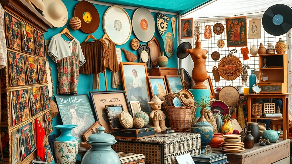 Vibrant close-up of vintage merchandise displayed at a flea market booth including retro clothing, decorative items, collectibles, vinyl records, and unique home decor pieces arranged artfully with natural daylight highlighting textures and details