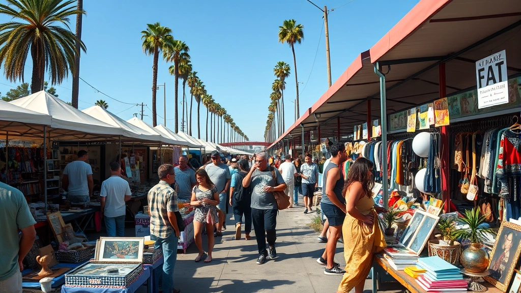 Wide-angle shot of diverse shoppers and vendors at an outdoor flea market in Los Angeles, showing interaction between buyers examining items, vendors arranging merchandise, and the bustling commercial energy of a weekend marketplace with palm trees visible