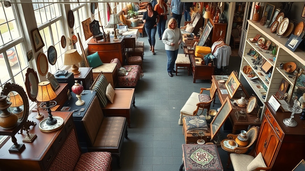 Overhead view of organized flea market vendor booth with vintage furniture, collectibles, and merchandise displayed professionally on tables and shelves, natural daylight streaming through windows, shoppers browsing in background