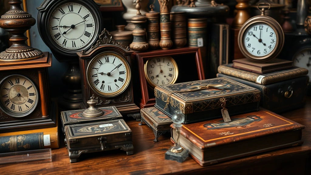Close-up of vintage collectible items including antique clock, old books, decorative boxes, and memorabilia arranged artistically on wooden table with price tags visible, warm ambient lighting highlighting textures