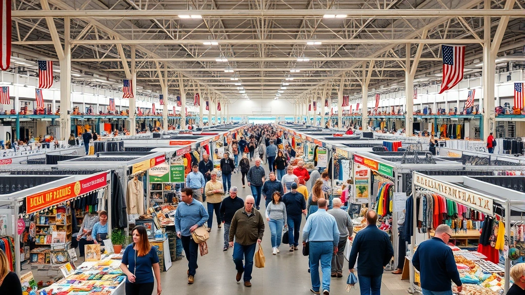 Wide shot of bustling indoor flea market with multiple vendor booths, diverse inventory categories, customers walking through aisles, professional booth displays with signage, bright overhead lighting creating vibrant marketplace atmosphere