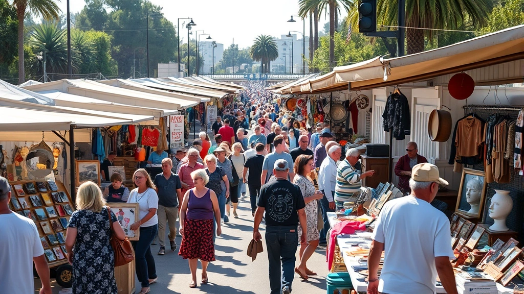 Bustling outdoor flea market with multiple vendor booths displaying merchandise, shoppers browsing diverse products, morning sunlight, crowded but organized layout, diverse inventory visible including antiques and collectibles