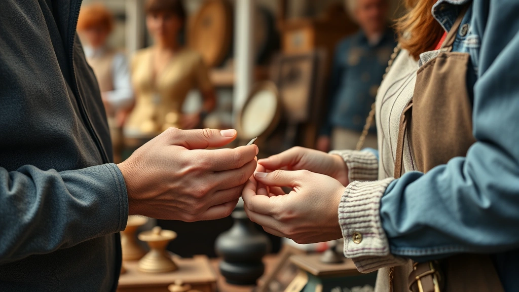 Close-up of hands examining vintage item details at flea market booth, vendor and customer negotiating, natural daylight, authentic interaction showing merchandise inspection and deal-making moment