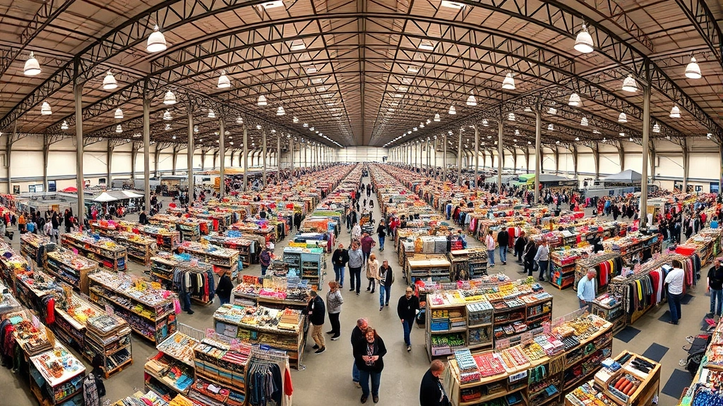 Wide angle view of large indoor flea market warehouse with hundreds of vendor stalls, organized aisles, shoppers walking between booths, diverse merchandise categories, professional market environment