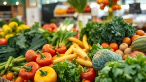 Artfully arranged fresh organic vegetables and fruits at farmers market display, natural morning light, shallow depth of field, vibrant colors, close-up detail of produce