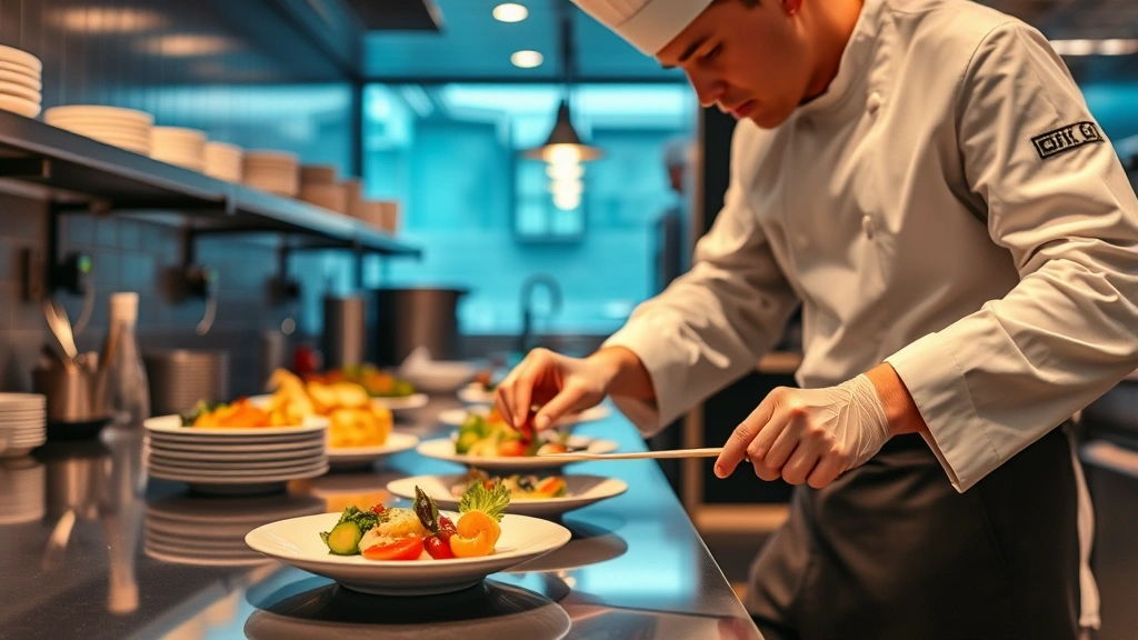 Modern kitchen with chef plating sophisticated dish using fresh ingredients, professional culinary preparation, warm ambient lighting, focused on food presentation technique