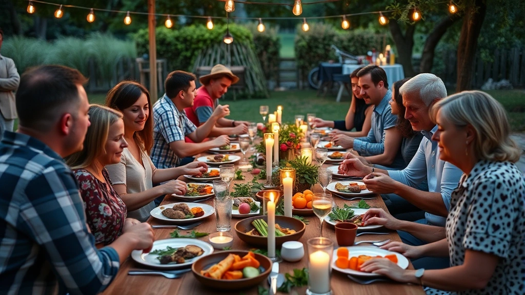 Diverse group of people enjoying communal farm-to-table dinner outdoors, candlelit evening gathering, natural food preparation visible, genuine social connection and dining experience