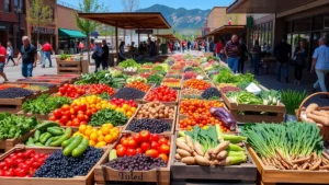 Vibrant farmers market scene in downtown Fort Collins with diverse fresh produce displays including colorful heirloom tomatoes, berries, greens, and root vegetables arranged in wooden crates and baskets, shoppers browsing vendor stalls, morning sunlight creating dynamic shadows, natural Colorado mountain backdrop visible