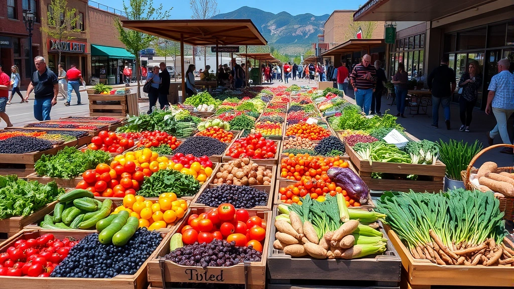 Vibrant farmers market scene in downtown Fort Collins with diverse fresh produce displays including colorful heirloom tomatoes, berries, greens, and root vegetables arranged in wooden crates and baskets, shoppers browsing vendor stalls, morning sunlight creating dynamic shadows, natural Colorado mountain backdrop visible