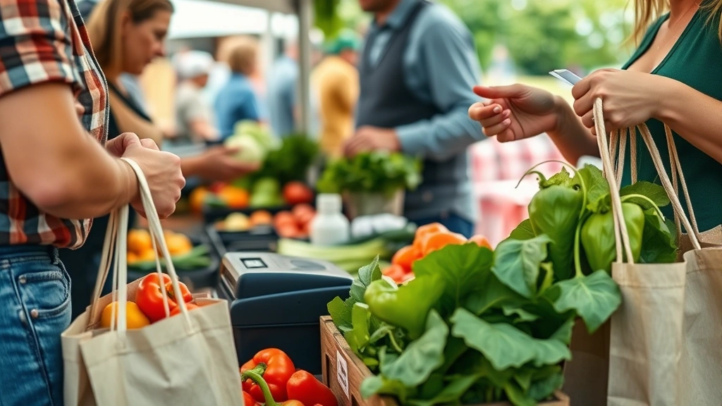 Close-up of farmers market vendor interaction showing customers examining fresh vegetables like peppers and leafy greens at an outdoor market stall, vendor offering samples, cash box visible, reusable shopping bags in foreground, genuine community engagement atmosphere